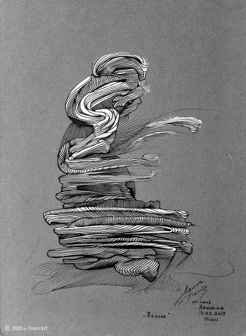 BEGGAR<br>marker and white acrylic on gray paper (2019)