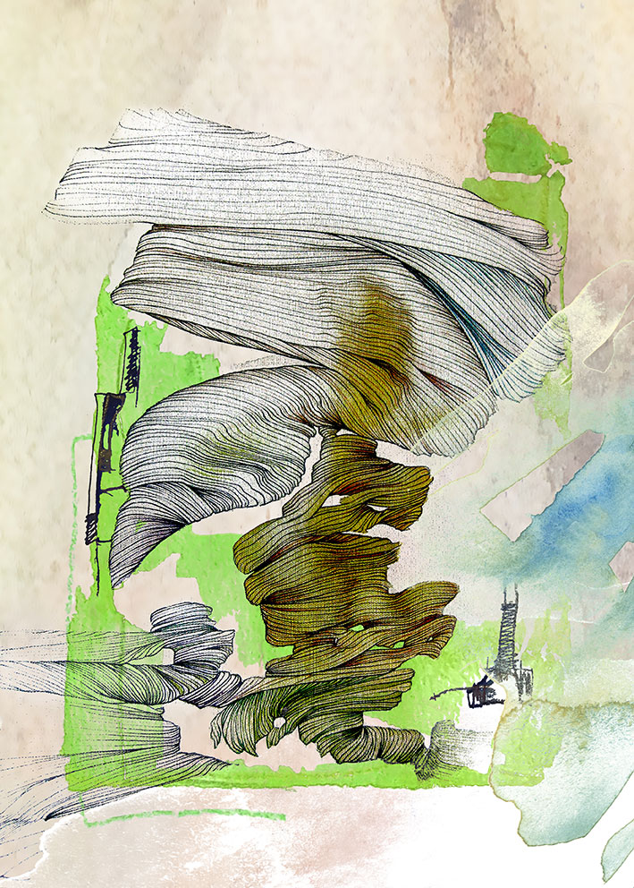 gray flying Bird<br><br>• a digital mix of my line art with additional digital intervention •